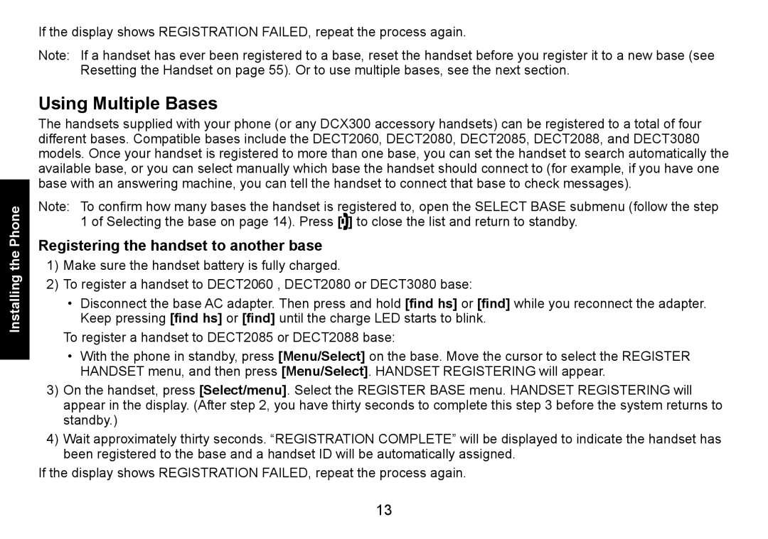 Uniden DECT3080 manual Using Multiple Bases, Registering the handset to another base 