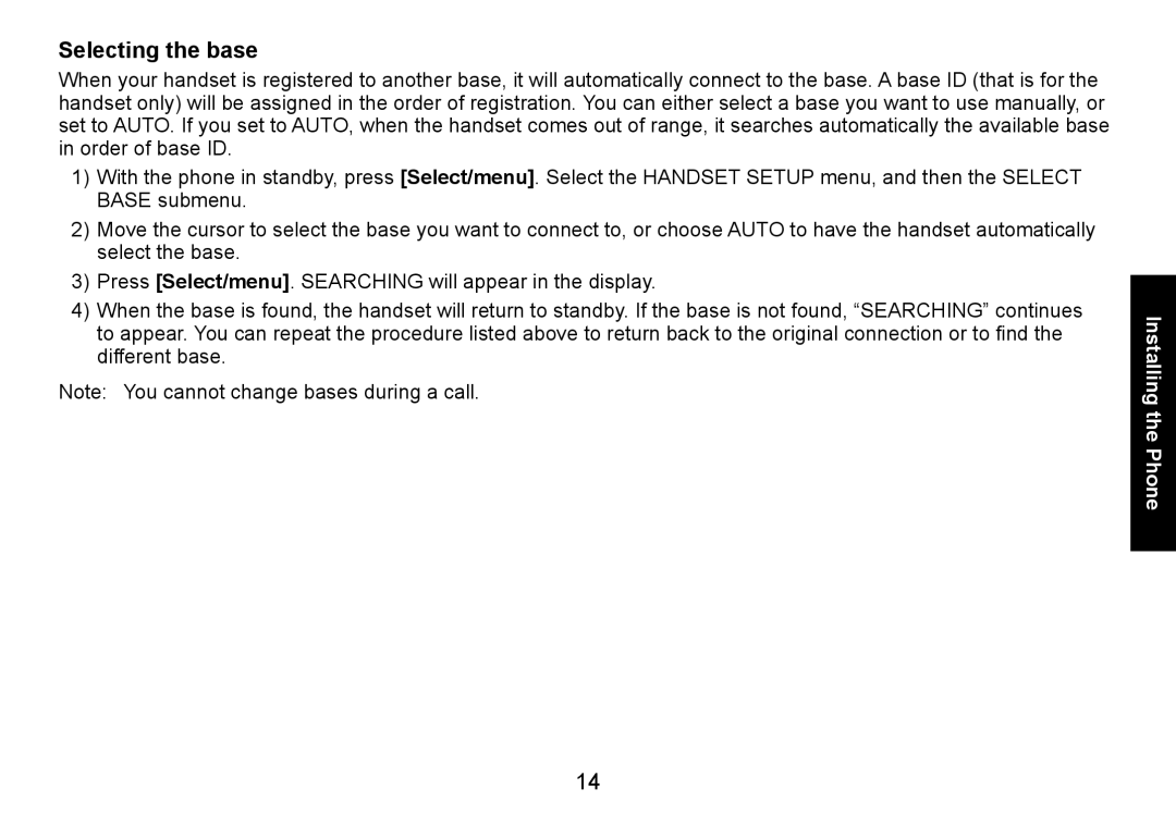 Uniden DECT3080 manual Selecting the base 