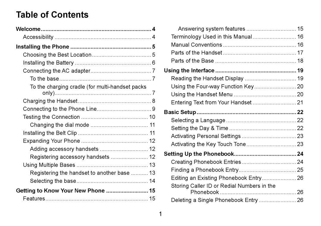 Uniden DECT3080 manual Table of Contents 