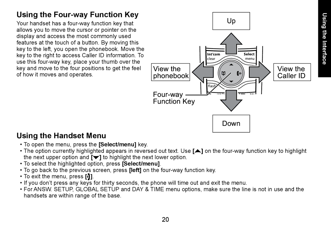 Uniden DECT3080 manual Using the Four-way Function Key, Using the Handset Menu 