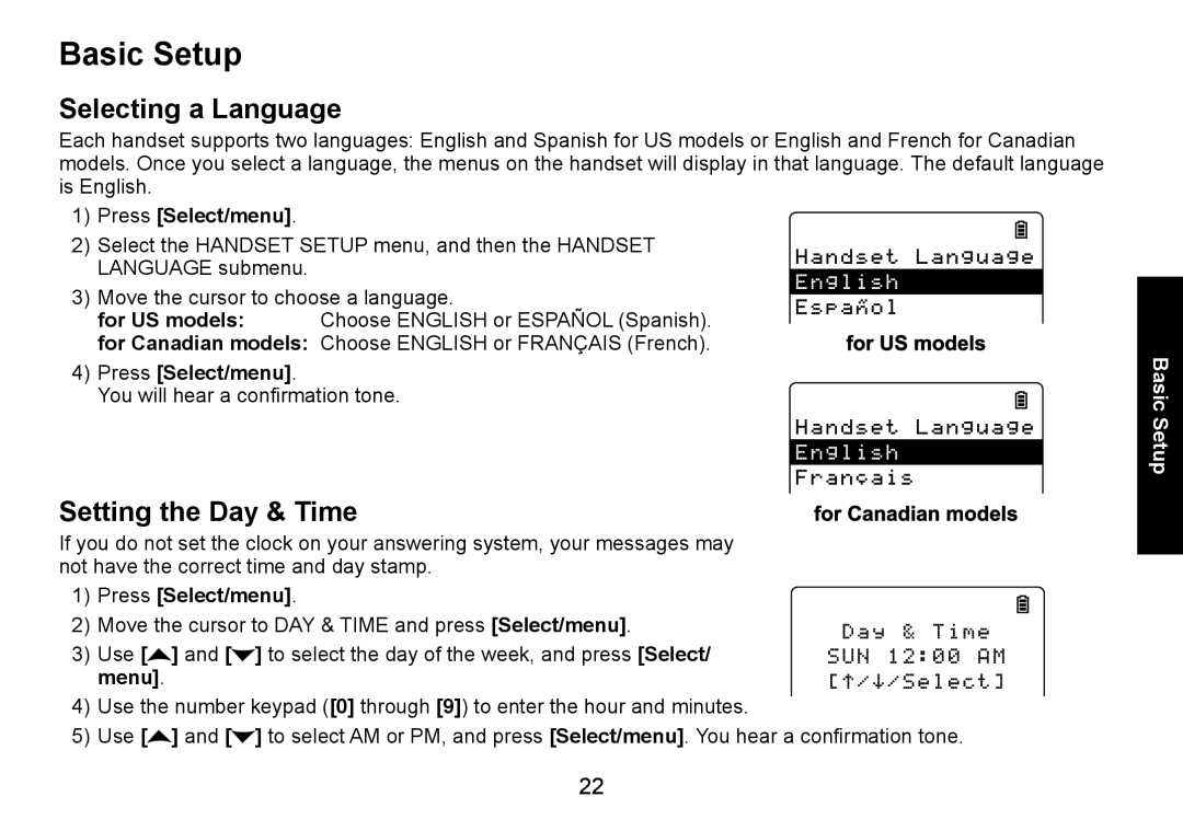 Uniden DECT3080 manual Basic Setup, Selecting a Language, Setting the Day & Time, Press Select/menu 