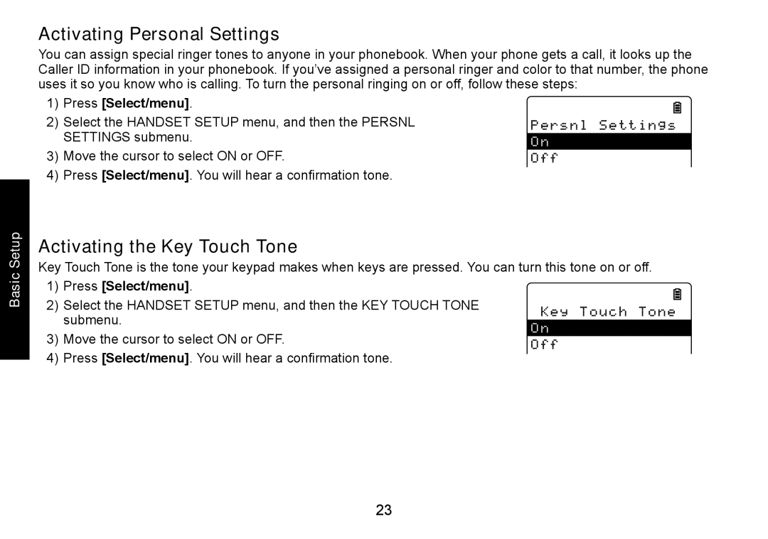 Uniden DECT3080 manual Activating Personal Settings, Activating the Key Touch Tone 