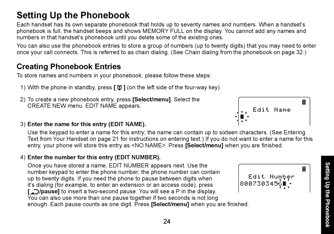 Uniden DECT3080 manual Setting Up the Phonebook, Creating Phonebook Entries, Enter the name for this entry Edit Name 