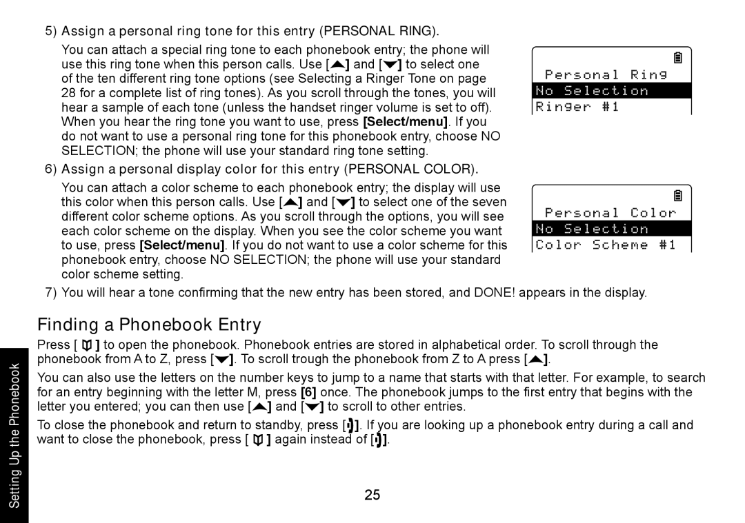 Uniden DECT3080 manual Finding a Phonebook Entry, Assign a personal ring tone for this entry Personal Ring 