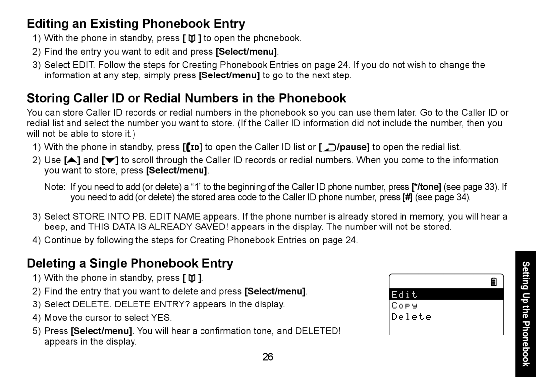 Uniden DECT3080 manual Editing an Existing Phonebook Entry, Storing Caller ID or Redial Numbers in the Phonebook 