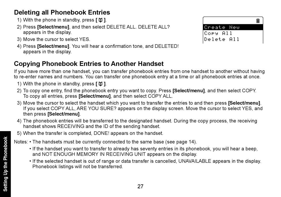 Uniden DECT3080 manual Deleting all Phonebook Entries, Copying Phonebook Entries to Another Handset 