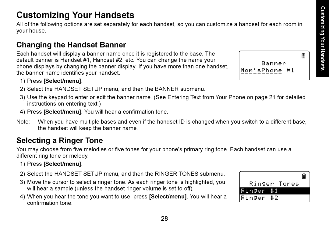 Uniden DECT3080 manual Customizing Your Handsets, Changing the Handset Banner, Selecting a Ringer Tone 