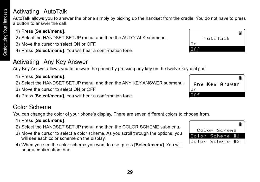 Uniden DECT3080 manual Activating AutoTalk, Activating Any Key Answer, Color Scheme 