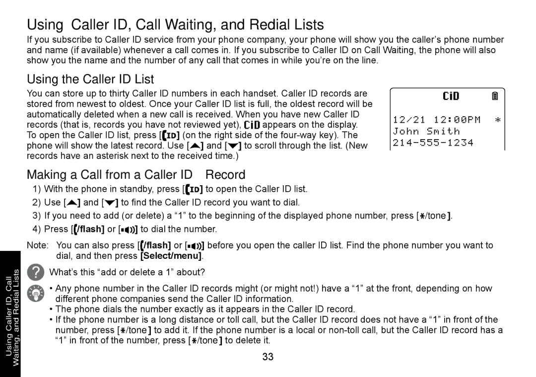 Uniden DECT3080 manual Using Caller ID, Call Waiting, and Redial Lists, Using the Caller ID List 