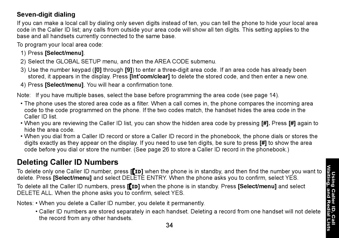 Uniden DECT3080 manual Deleting Caller ID Numbers, Seven-digit dialing 