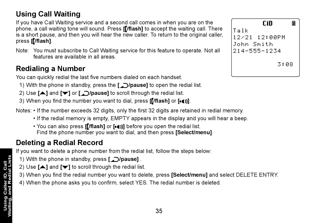 Uniden DECT3080 manual Using Call Waiting, Redialing a Number, Deleting a Redial Record 