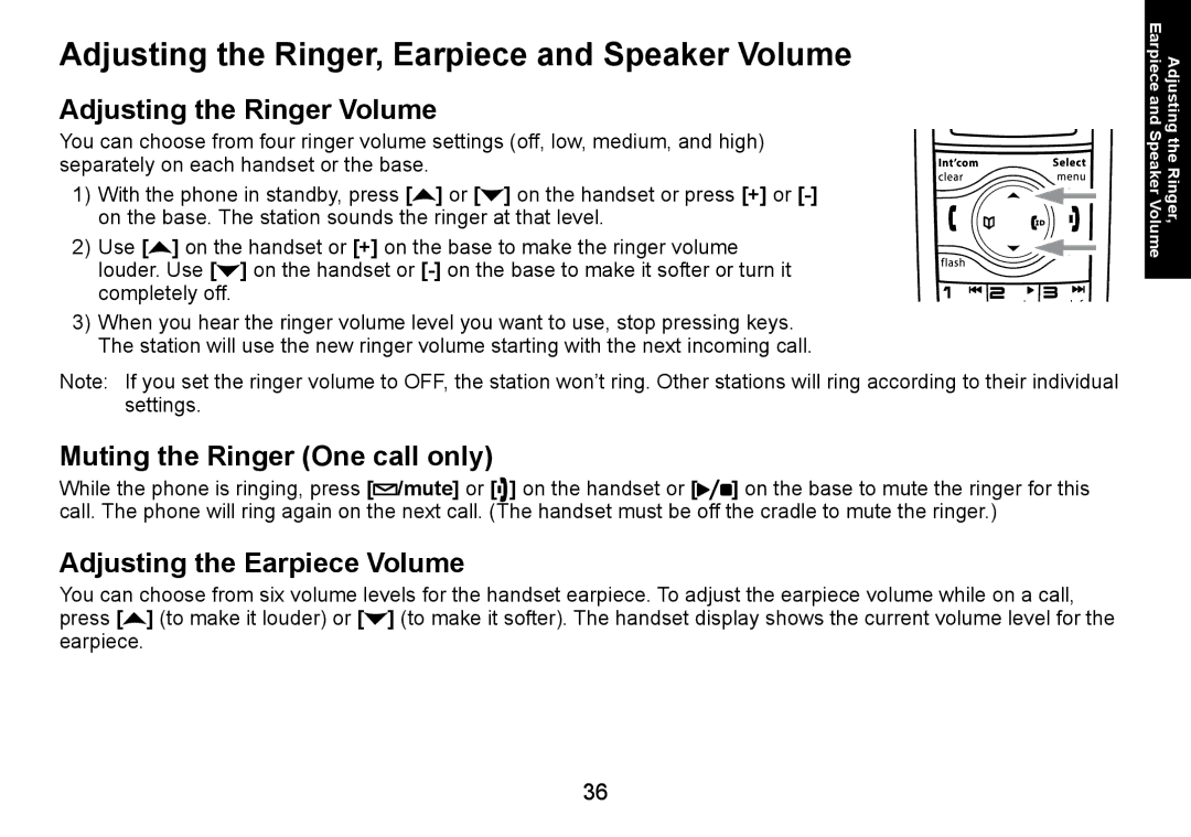 Uniden DECT3080 manual Adjusting the Ringer, Earpiece and Speaker Volume, Adjusting the Ringer Volume 