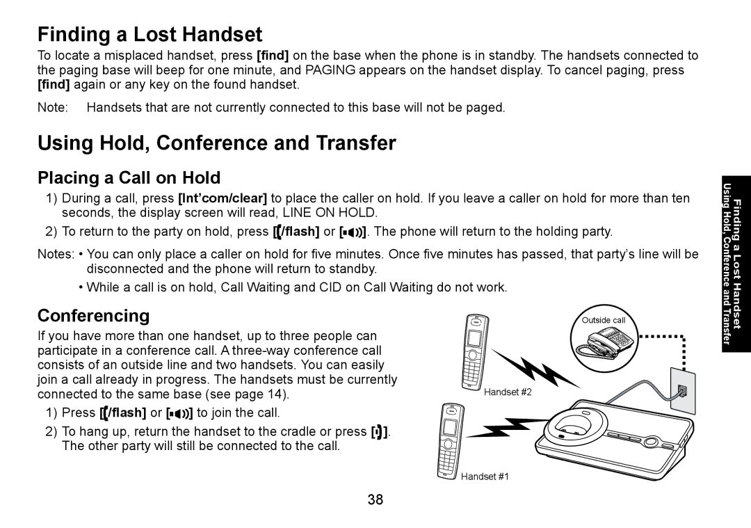 Uniden DECT3080 manual Finding a Lost Handset, Using Hold, Conference and Transfer, Placing a Call on Hold, Conferencing 