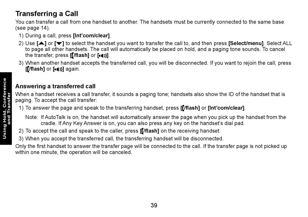 Uniden DECT3080 manual Transferring a Call, Answering a transferred call 