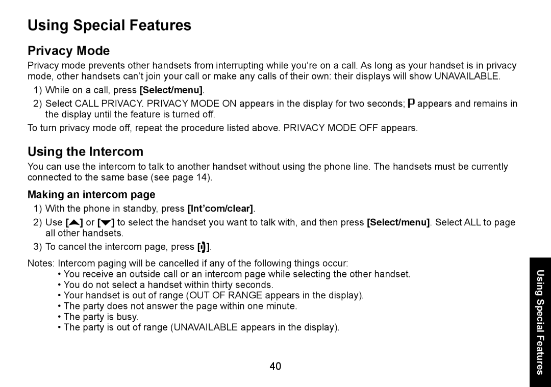 Uniden DECT3080 manual Using Special Features, Privacy Mode, Using the Intercom, Making an intercom 