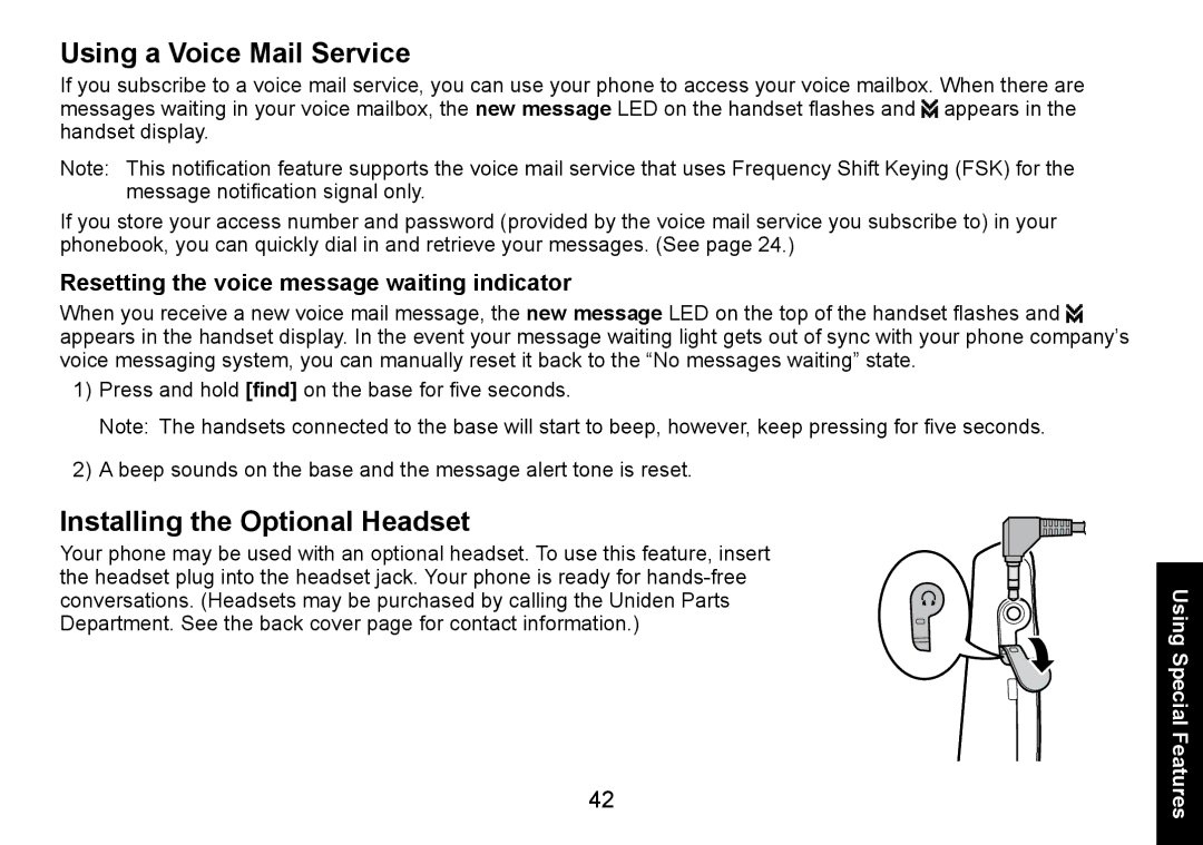 Uniden DECT3080 Using a Voice Mail Service, Installing the Optional Headset, Resetting the voice message waiting indicator 