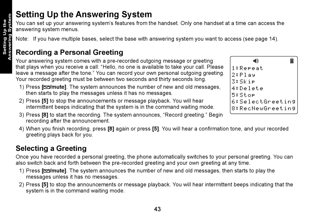 Uniden DECT3080 manual Setting Up the Answering System, Recording a Personal Greeting, Selecting a Greeting 