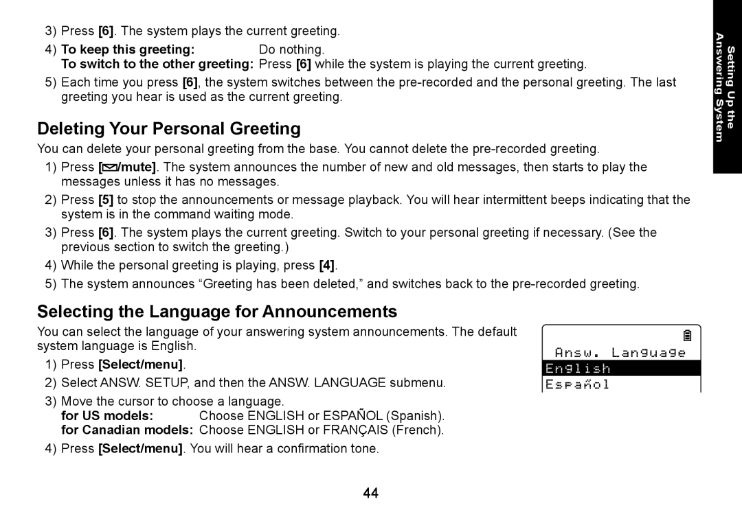 Uniden DECT3080 manual Deleting Your Personal Greeting, Selecting the Language for Announcements, For US models 