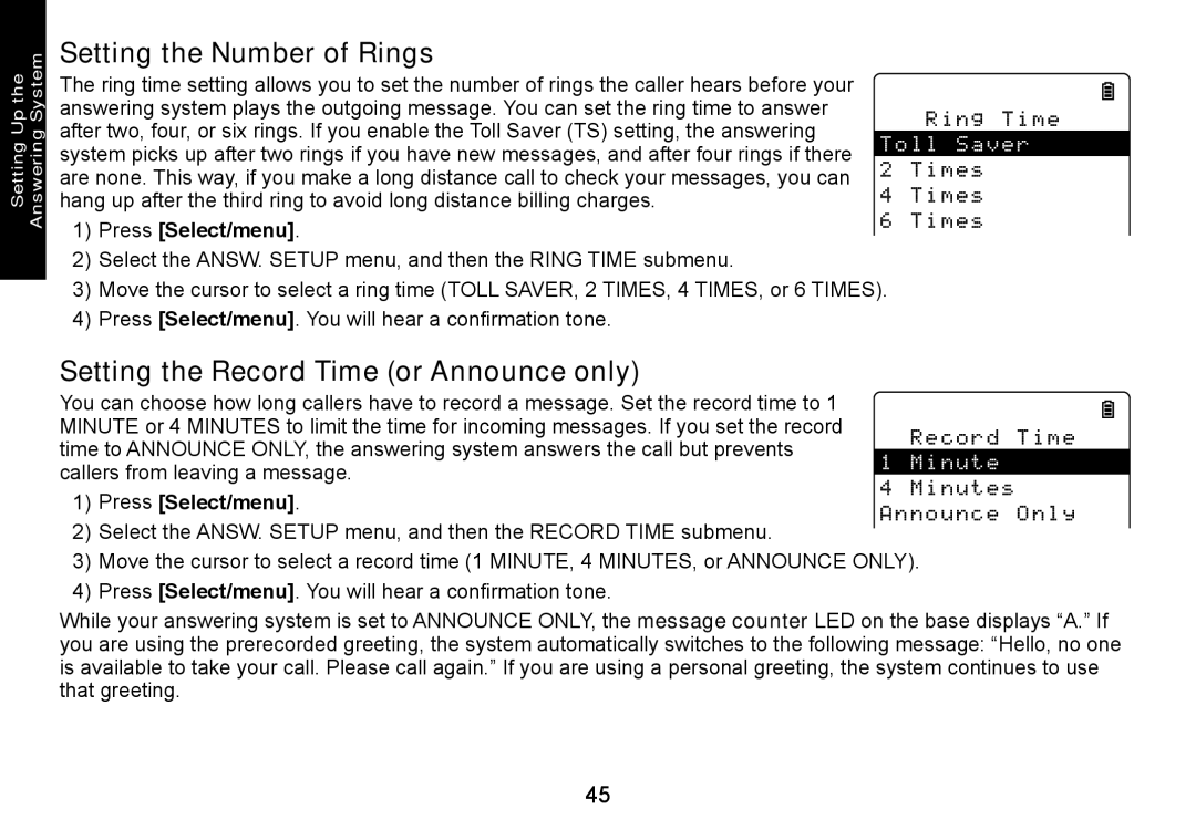 Uniden DECT3080 manual Setting the Number of Rings, Setting the Record Time or Announce only 