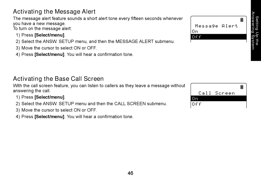 Uniden DECT3080 manual Activating the Message Alert, Activating the Base Call Screen 