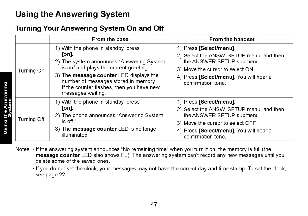 Uniden DECT3080 manual Using the Answering System, Turning Your Answering System On and Off, From the base From the handset 