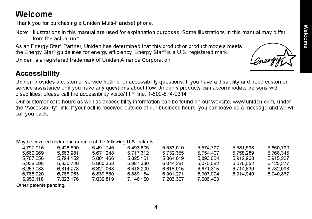 Uniden DECT3080 manual Welcome, Accessibility 