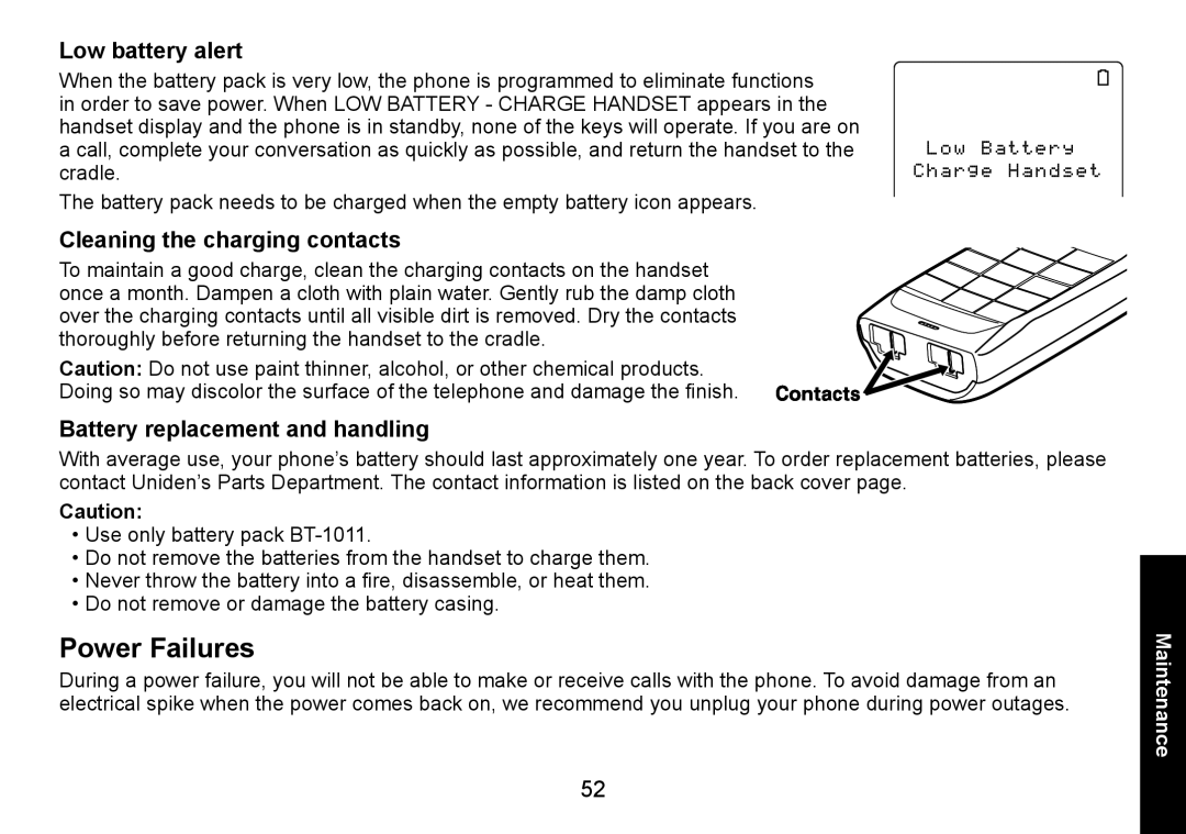 Uniden DECT3080 manual Power Failures, Low battery alert, Cleaning the charging contacts, Battery replacement and handling 