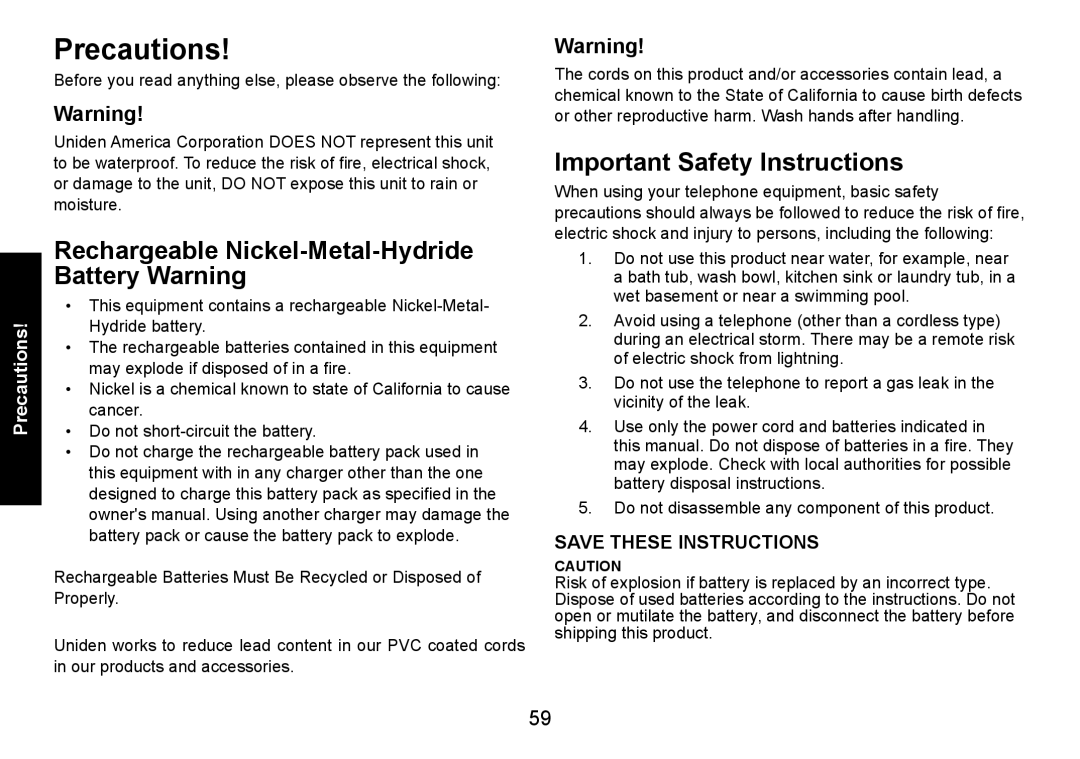 Uniden DECT3080 manual Precautions, Rechargeable Nickel-Metal-Hydride Battery Warning, Important Safety Instructions 