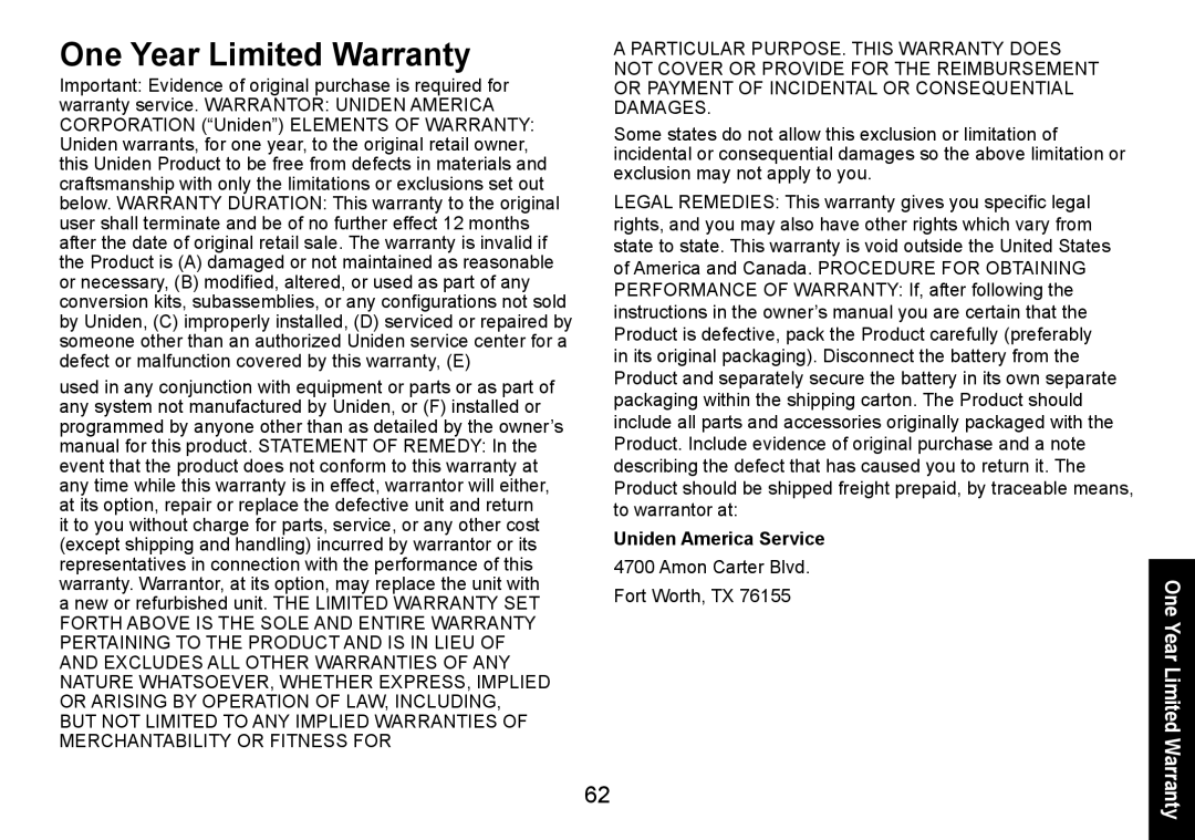 Uniden DECT3080 manual One Year Limited Warranty, Important Evidence of original purchase is required for 