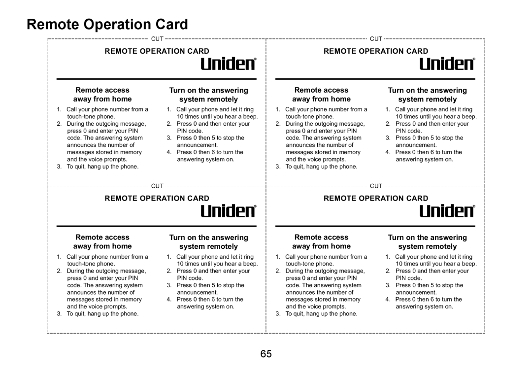 Uniden DECT3080 manual Remote Operation Card, Remote access away from home 