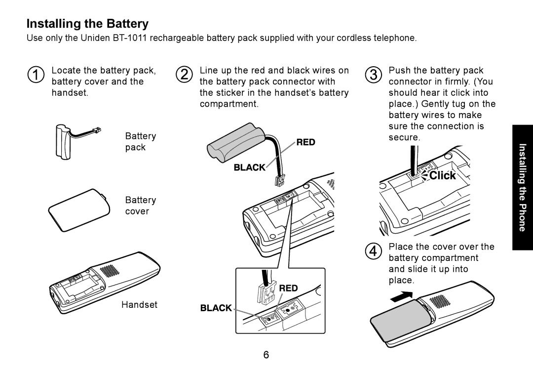 Uniden DECT3080 manual Installing the Battery 