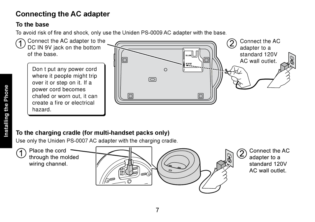 Uniden DECT3080 manual Connecting the AC adapter, To the base, To the charging cradle for multi-handset packs only 