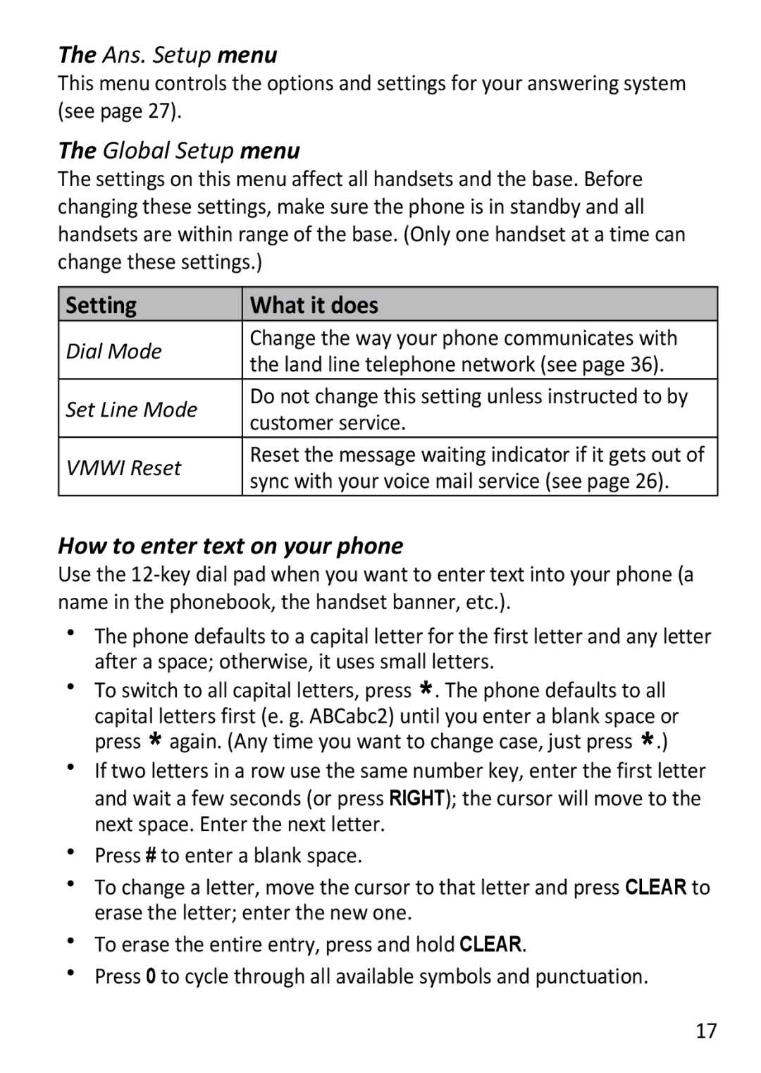 Uniden DECT3181 manual How to enter text on your phone, Dial Mode, Set Line Mode, Customer service, Vmwi Reset 