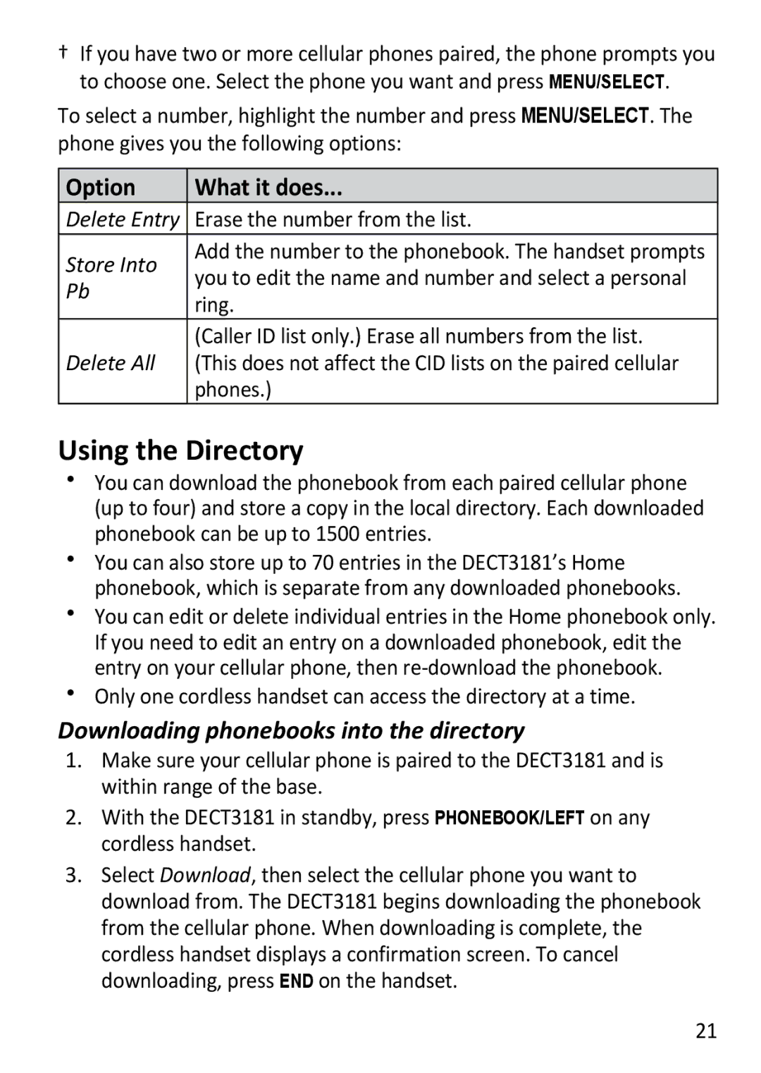 Uniden DECT3181 manual Using the Directory, Option What it does, Downloading phonebooks into the directory 