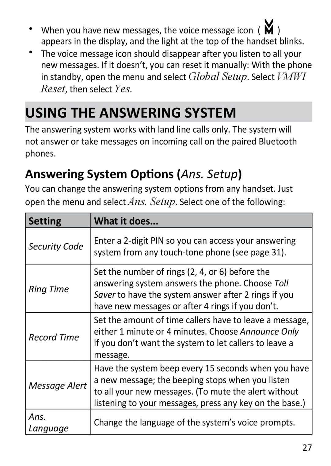 Uniden DECT3181 manual Using the Answering System, Answering System Options Ans. Setup 