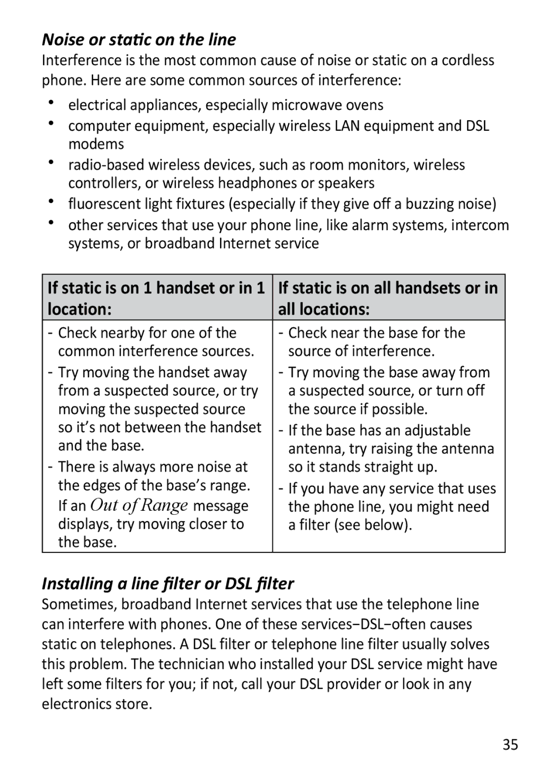 Uniden DECT3181 manual Noise or static on the line, Installing a line filter or DSL filter 