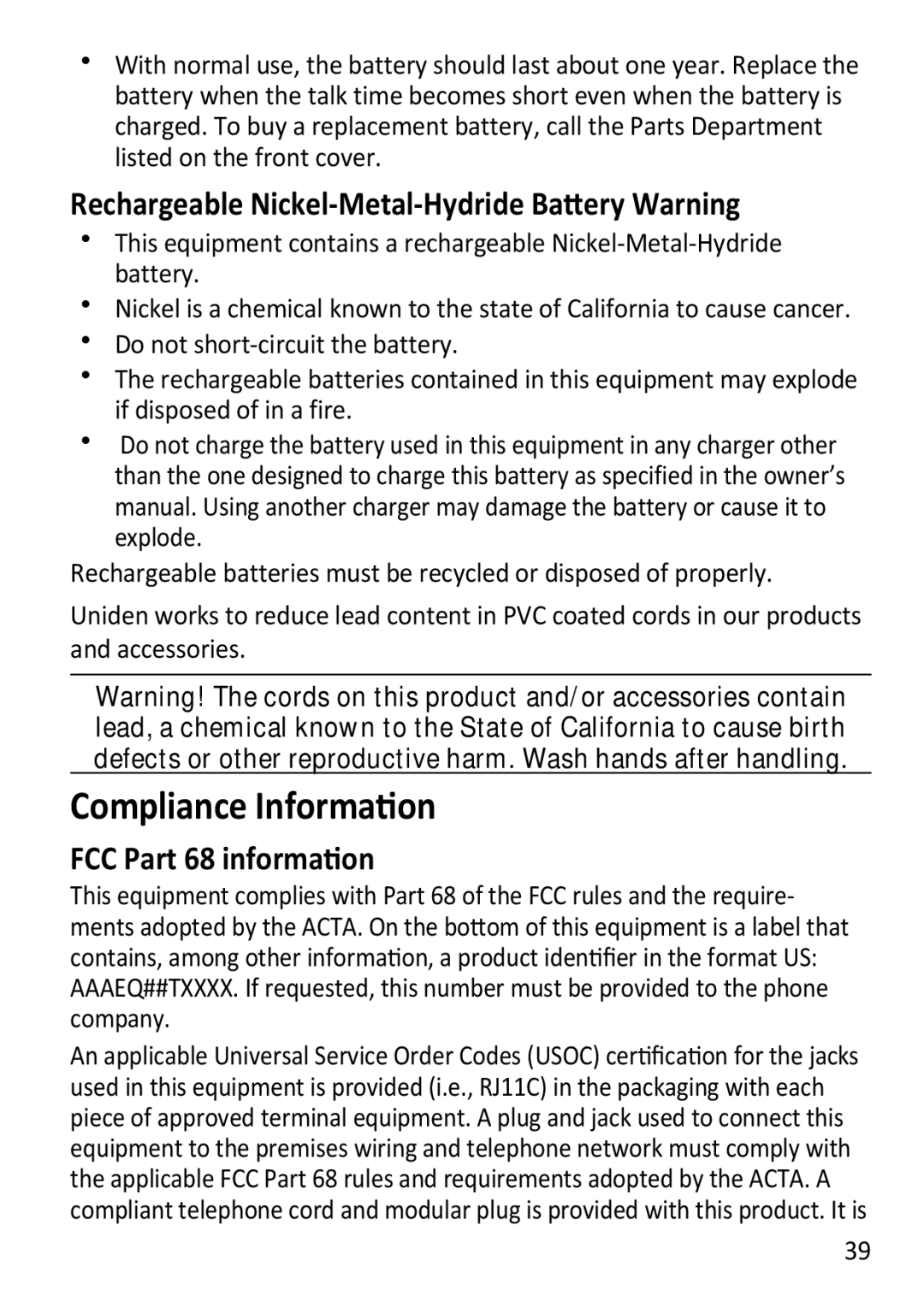 Uniden DECT3181 manual Compliance Information 