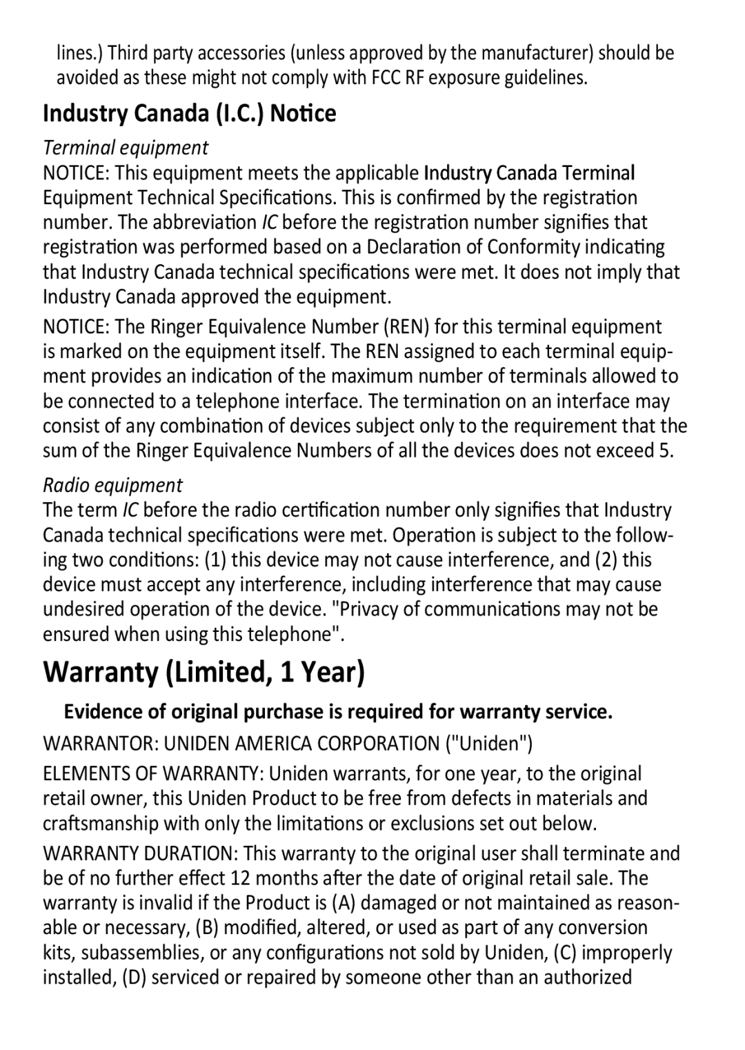 Uniden DECT3181 manual Terminal equipment Radio equipment, Warrantor Uniden America Corporation Uniden 