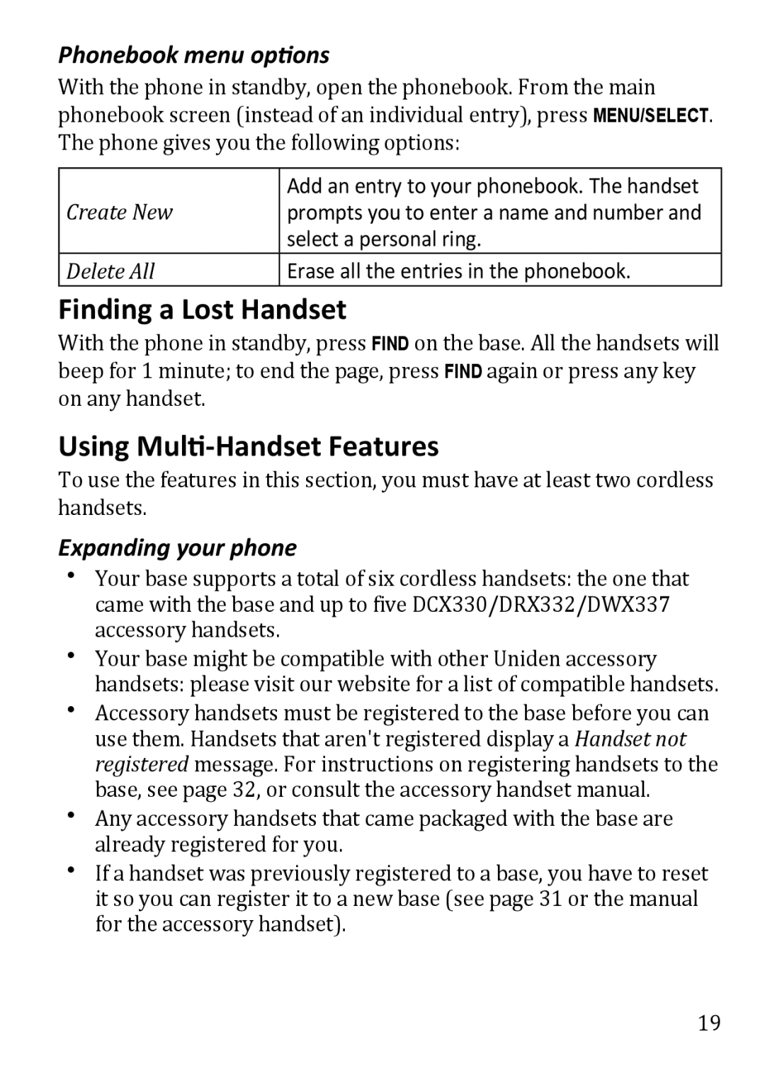 Uniden DECT3380 manual Finding a Lost Handset, Using Multi-Handset Features, Phonebook menu options, Expanding your phone 