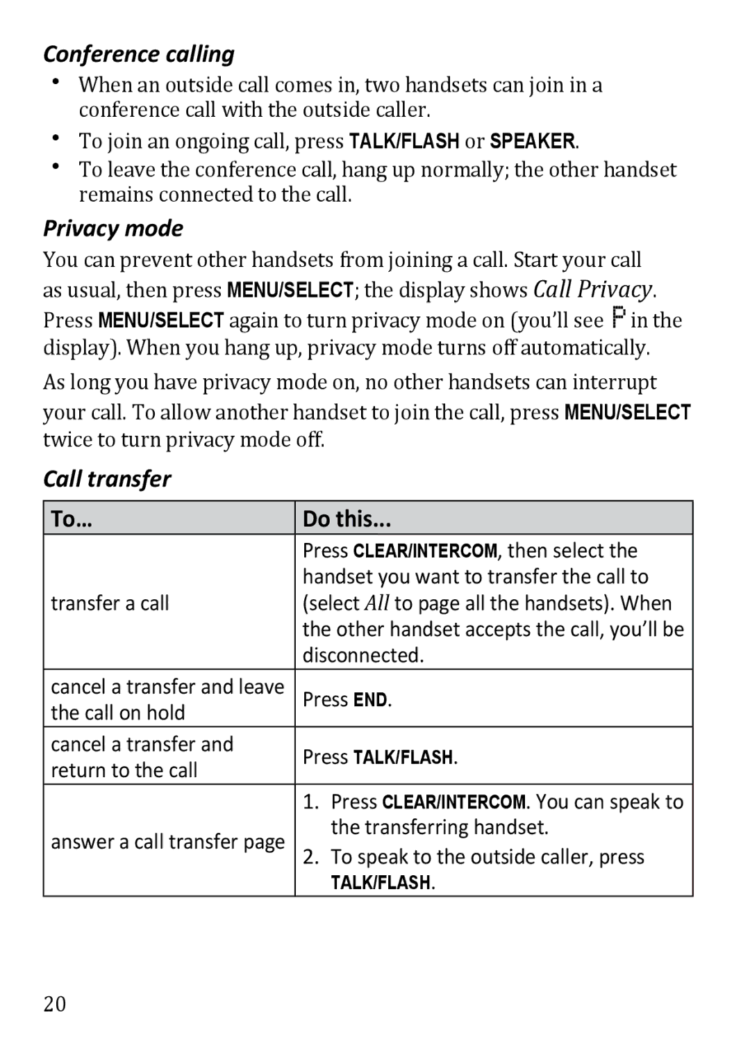 Uniden DECT3380 manual Conference calling, Privacy mode, Call transfer, To… Do this 