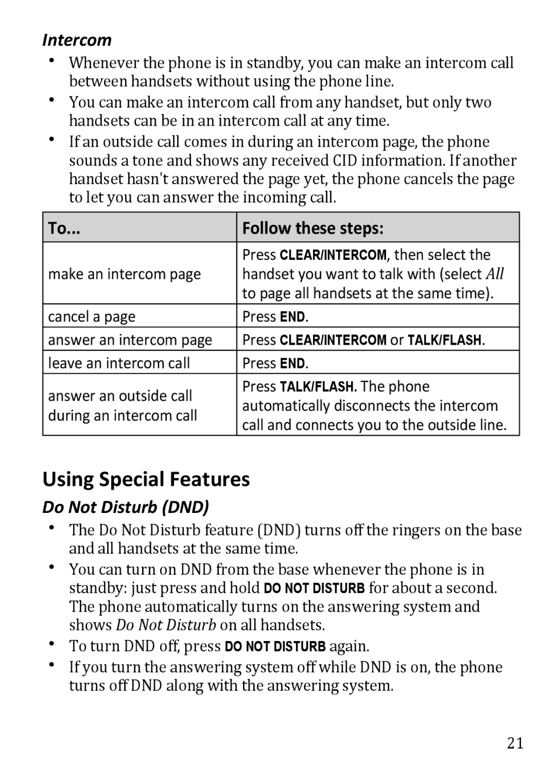 Uniden DECT3380 manual Using Special Features, Intercom, Follow these steps, Do Not Disturb DND 