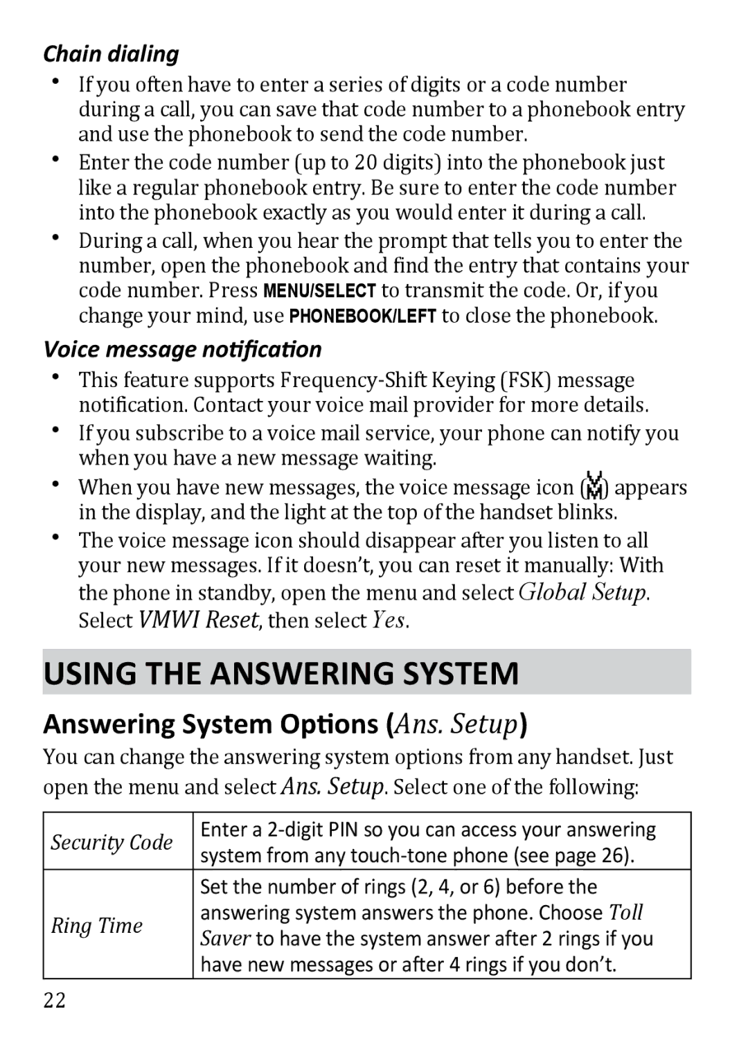 Uniden DECT3380 Using the Answering System, Answering System Options Ans. Setup, Chain dialing, Voice message notification 