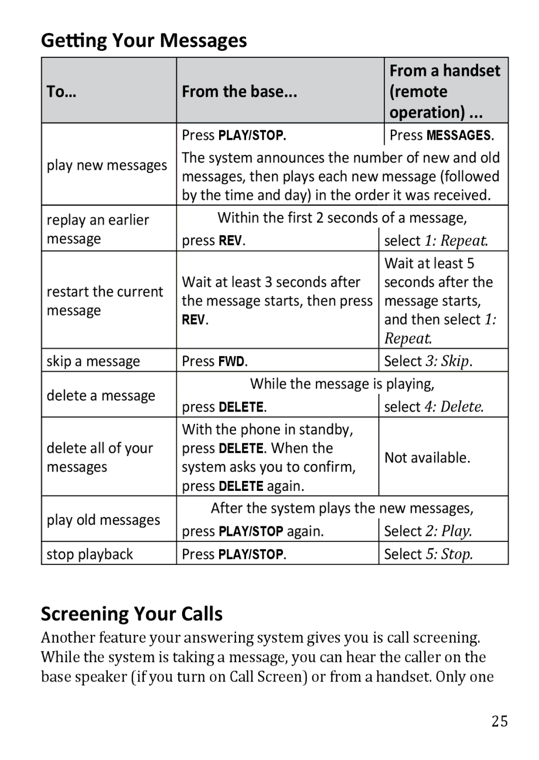 Uniden DECT3380 manual Getting Your Messages, Screening Your Calls, From a handset, To… From the base Remote Operation 