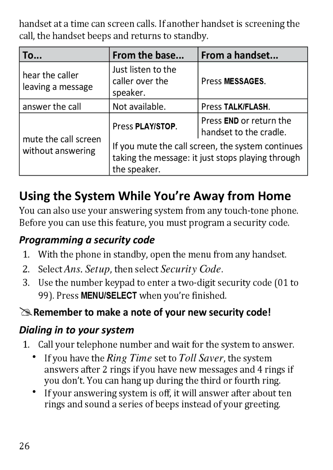 Uniden DECT3380 Using the System While You’re Away from Home, From the base From a handset, Programming a security code 