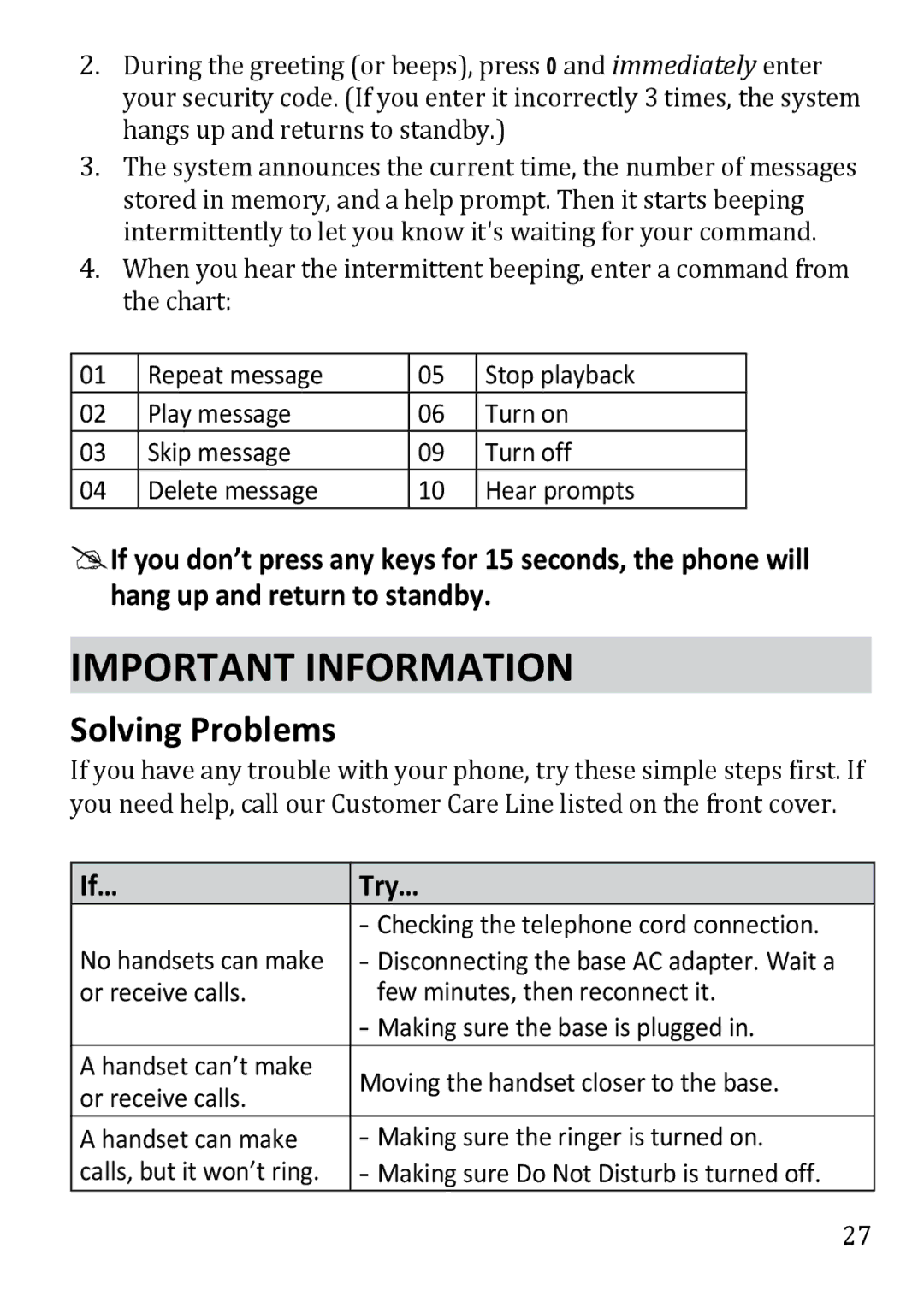 Uniden DECT3380 manual Important Information, Solving Problems, If… Try…, Checking the telephone cord connection 