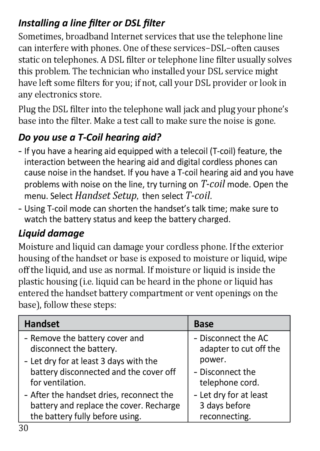 Uniden DECT3380 Installing a line filter or DSL filter, Do you use a T-Coil hearing aid?, Liquid damage, Handset Base 