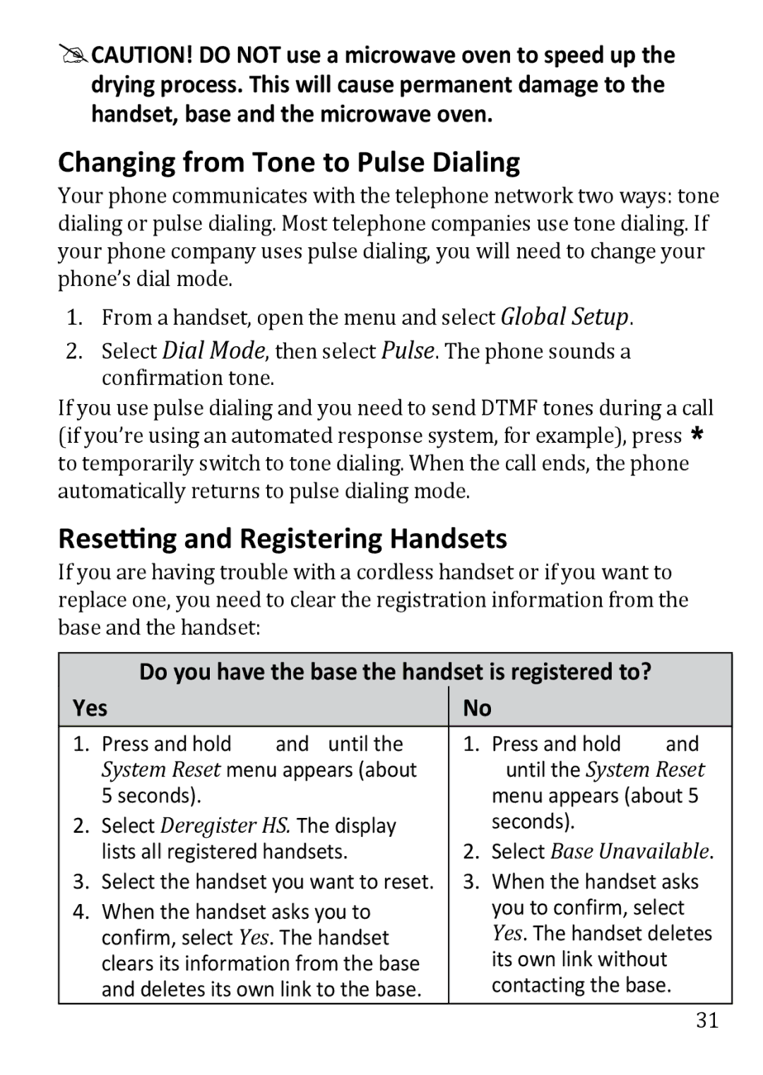 Uniden DECT3380 manual Changing from Tone to Pulse Dialing, Resetting and Registering Handsets, Yes 