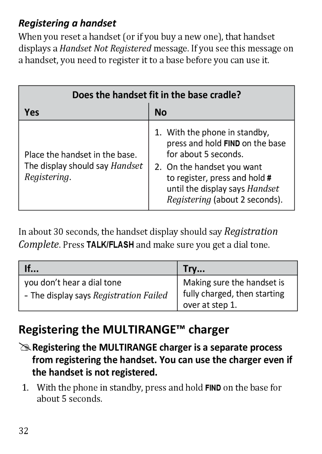 Uniden DECT3380 Registering the Multirange charger, Registering a handset, Does the handset fit in the base cradle? Yes 