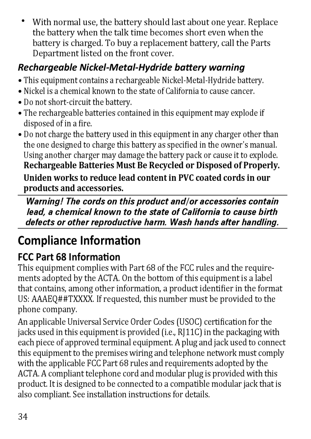 Uniden DECT3380 manual Compliance Information, Rechargeable Nickel-Metal-Hydride battery warning 