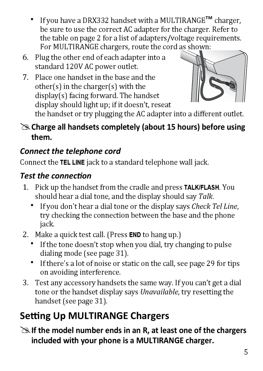 Uniden DECT3380 manual Setting Up Multirange Chargers, Connect the telephone cord, Test the connection 